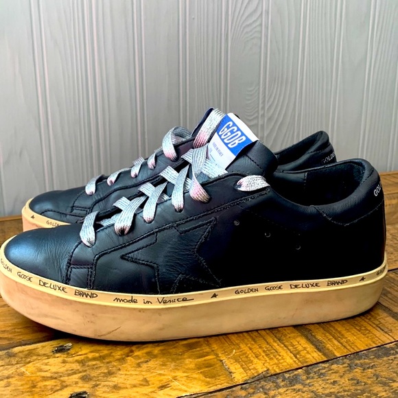 GOLDEN GOOSE HI STAR BLACK LEATHER TRAINERS GOLD DETAIL THICK SOLE EUC SIZE 37 - Picture 5 of 16